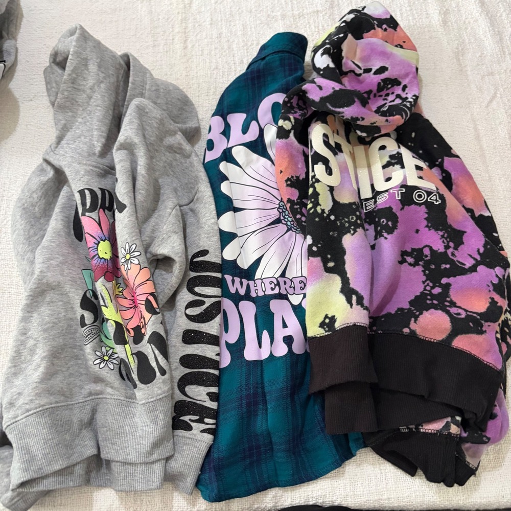 Justice Girls 3pc Bundle XS 5/6 Tie Dye Hoodie Grey Floral Hoodie Plaid Flannel